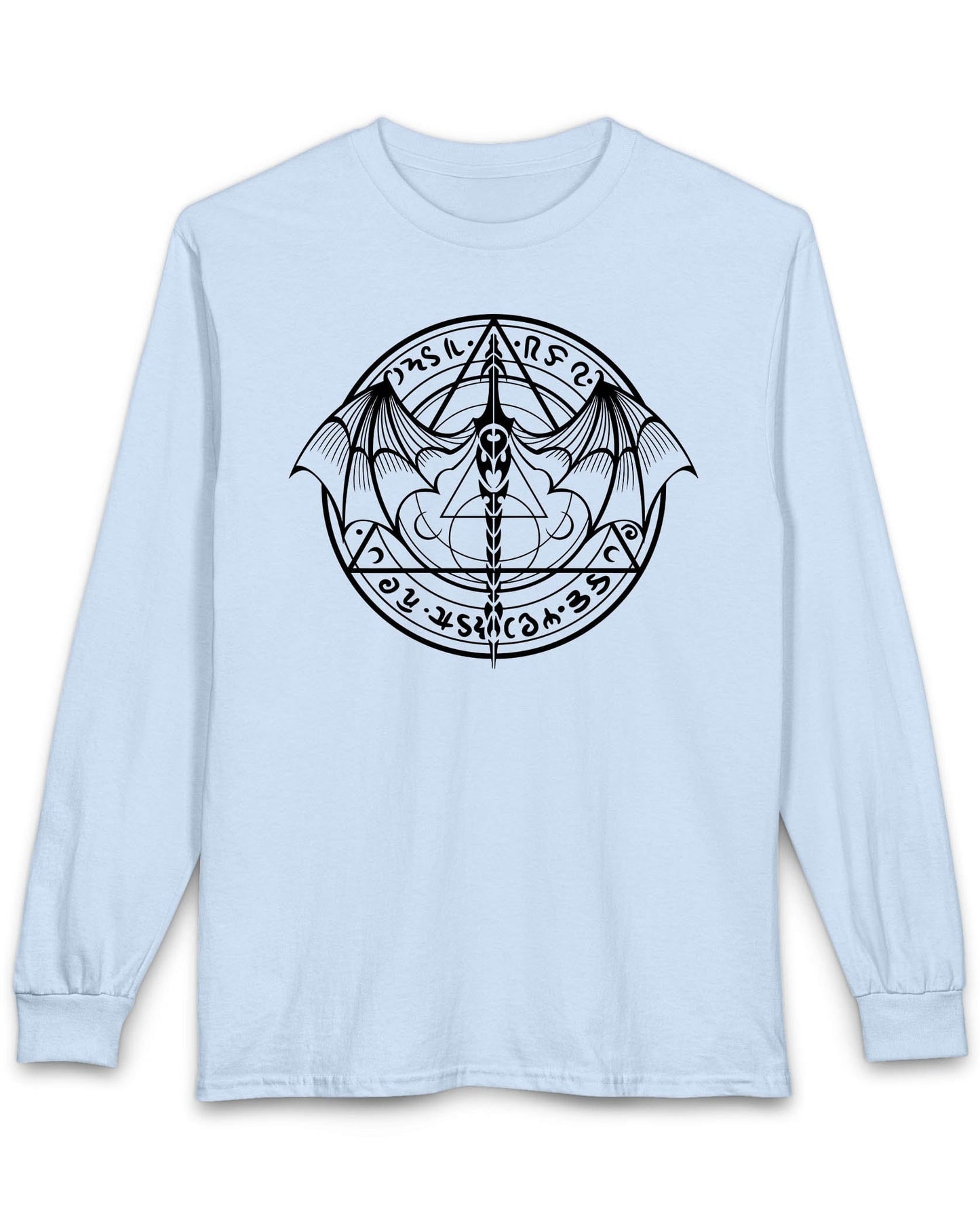 Mystic Dragon Seal shirt in light blue featuring a mystical dragon emblem framed by runes and arcane symbols