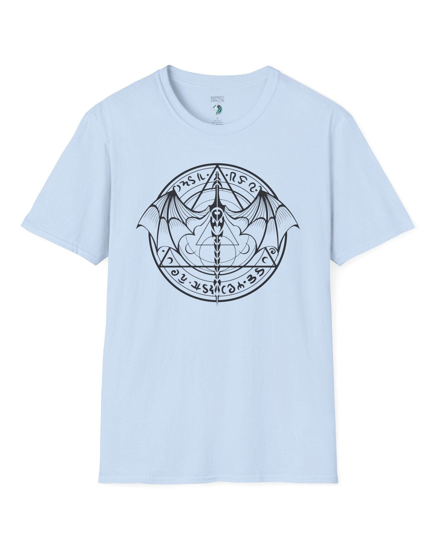 Penumbral Seal shirt in light blue featuring a mystical dragon emblem framed by runes and arcane symbols.