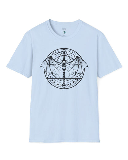 Penumbral Seal shirt in light blue featuring a mystical dragon emblem framed by runes and arcane symbols.