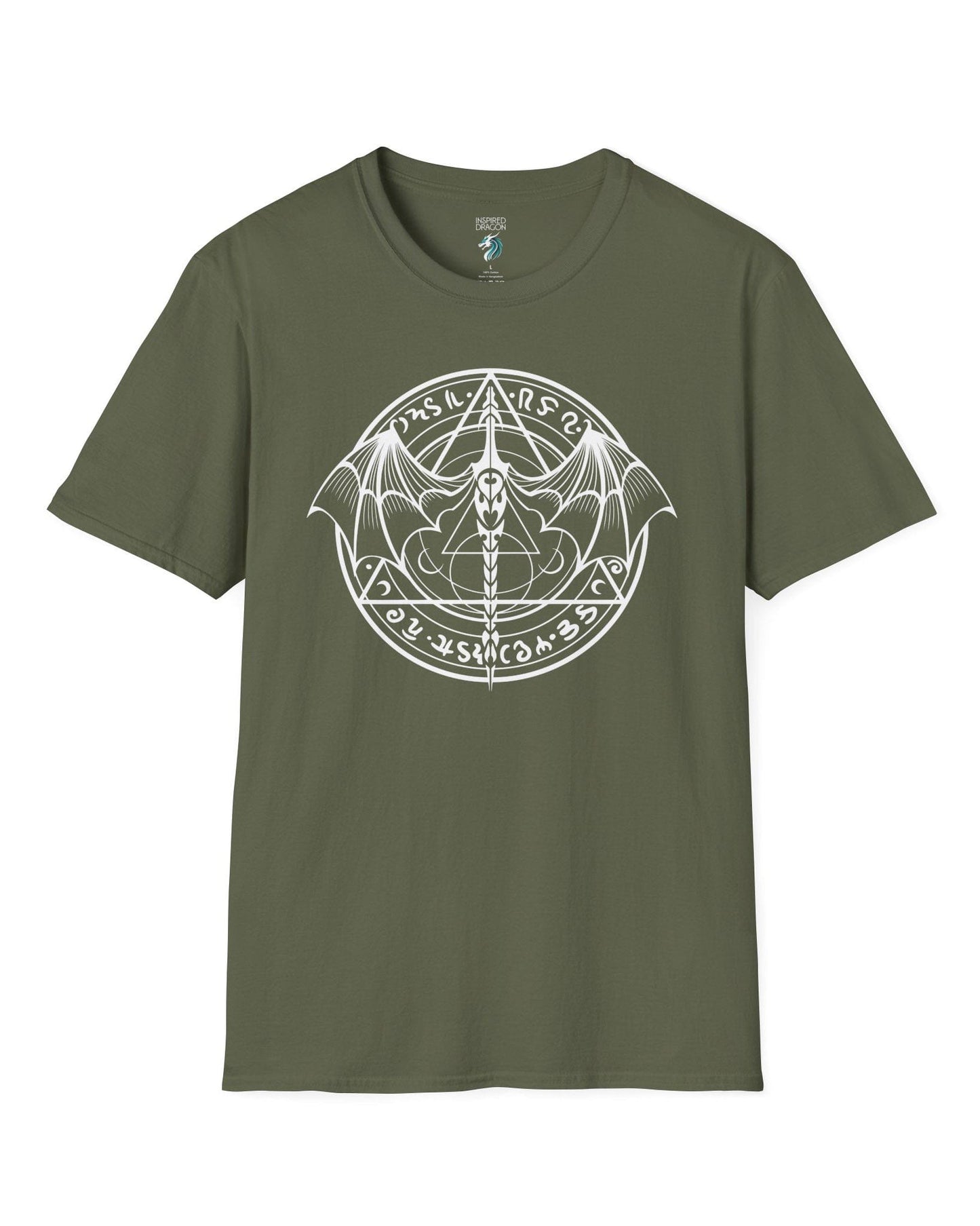Penumbral Seal shirt in military green featuring a mystical dragon emblem framed by runes and arcane symbols.