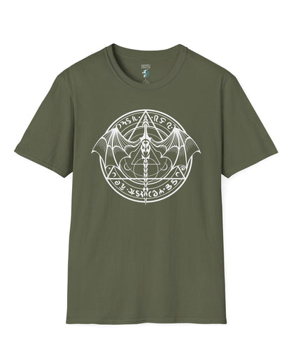 Penumbral Seal shirt in military green featuring a mystical dragon emblem framed by runes and arcane symbols.