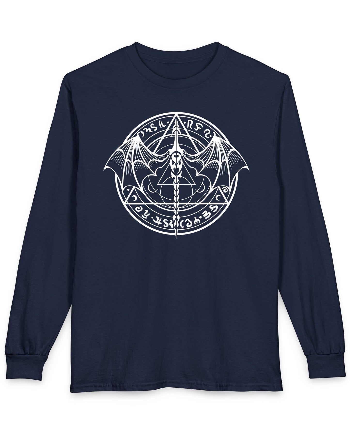 Mystic Dragon Seal shirt in navy featuring a mystical dragon emblem framed by runes and arcane symbols
