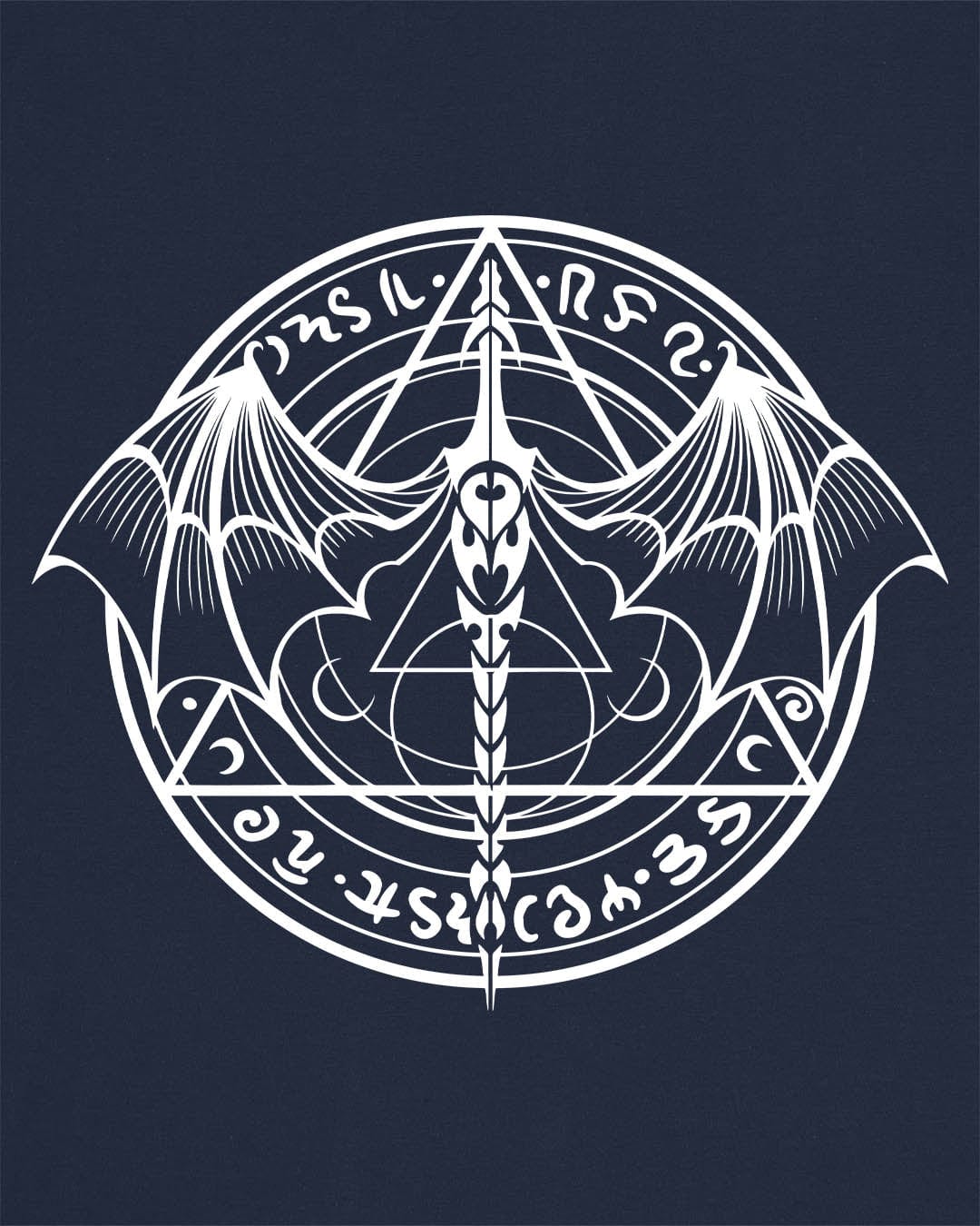 Penumbral Seal shirt in navy featuring a mystical dragon emblem framed by runes and arcane symbols.