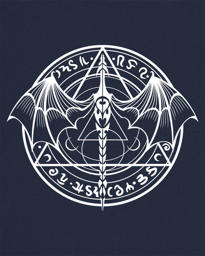 Penumbral Seal shirt in navy featuring a mystical dragon emblem framed by runes and arcane symbols.