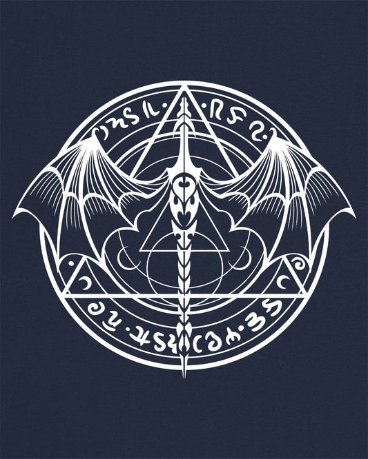 Penumbral Seal shirt in navy featuring a mystical dragon emblem framed by runes and arcane symbols.
