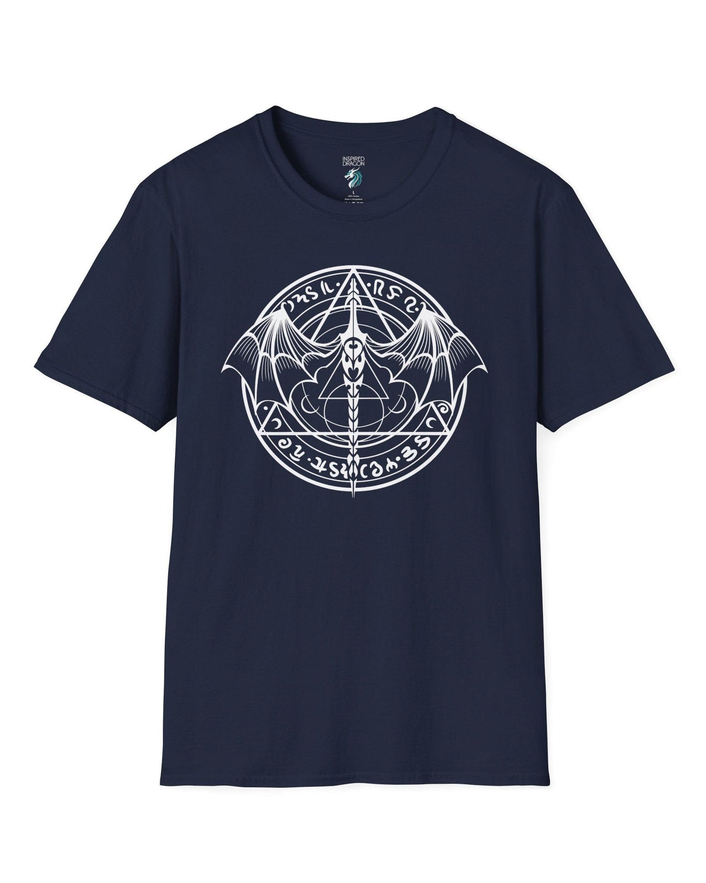 Penumbral Seal shirt in navy featuring a mystical dragon emblem framed by runes and arcane symbols.
