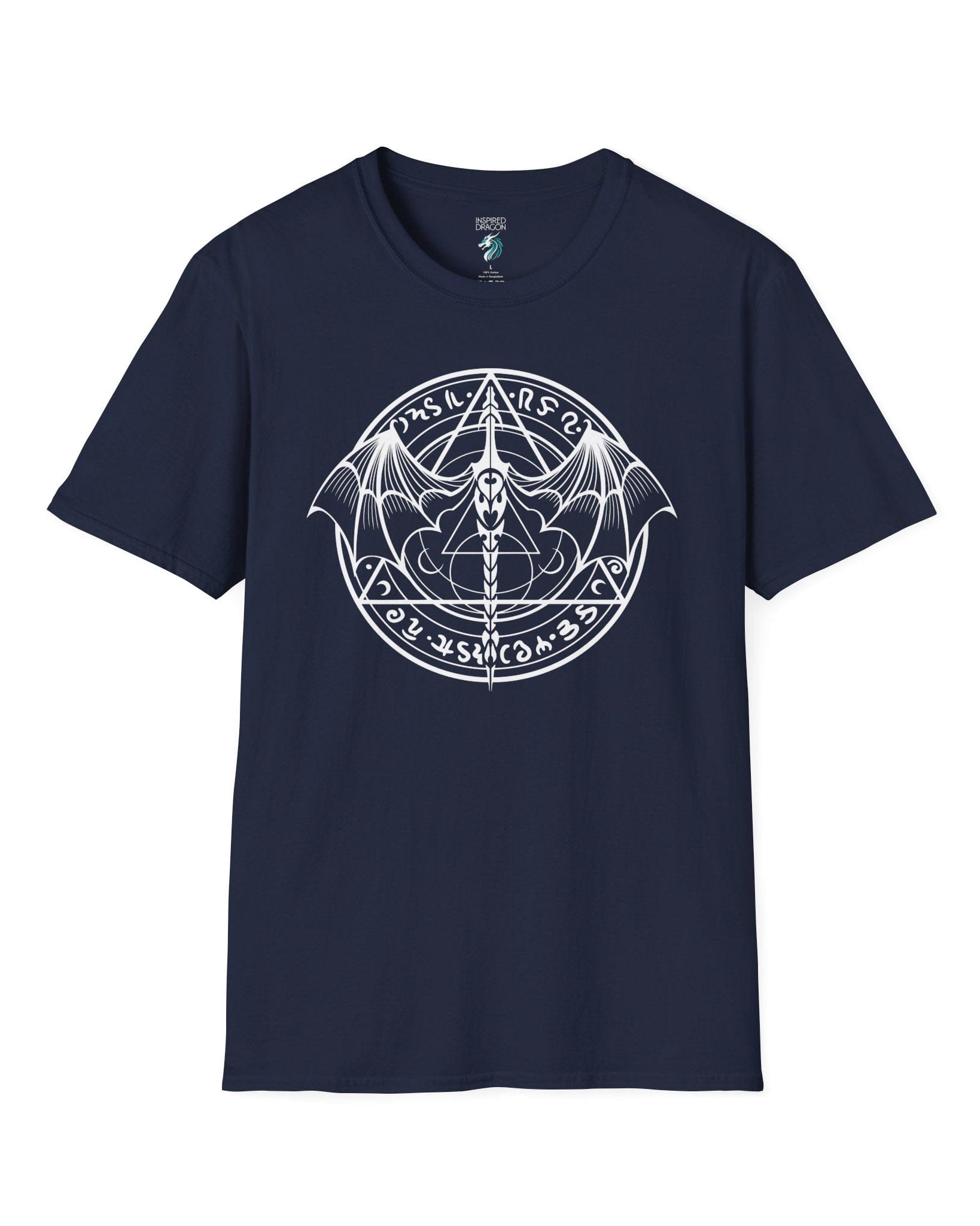 Penumbral Seal shirt in navy featuring a mystical dragon emblem framed by runes and arcane symbols.