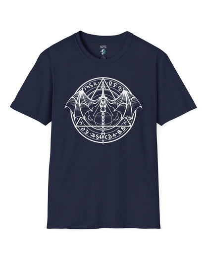 Penumbral Seal shirt in navy featuring a mystical dragon emblem framed by runes and arcane symbols.