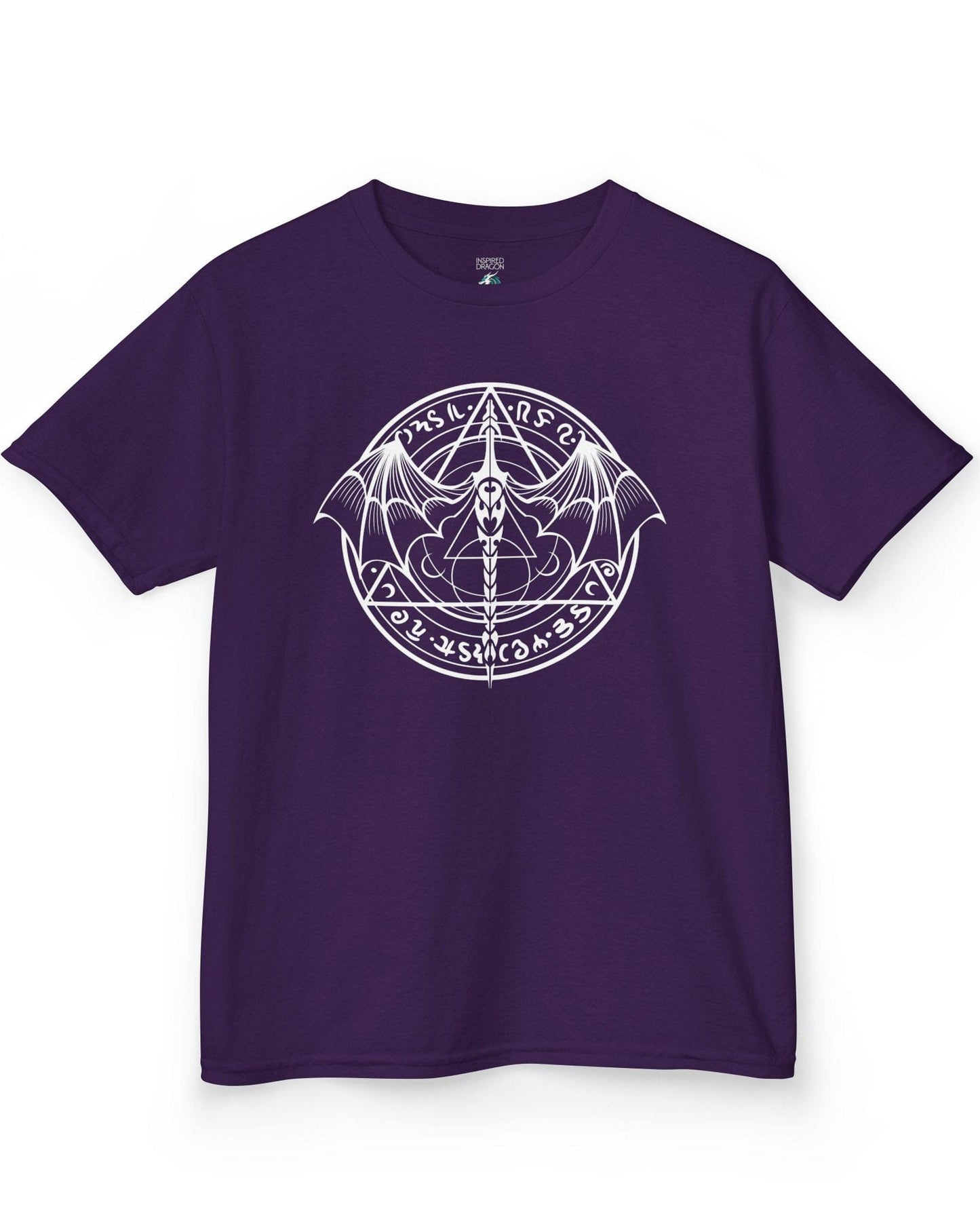 Mystic Dragon Seal shirt in purple featuring a mystical dragon emblem framed by runes and arcane symbols.