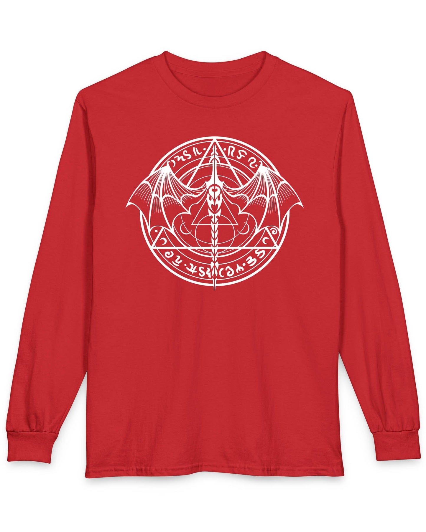 Mystic Dragon Seal shirt in red featuring a mystical dragon emblem framed by runes and arcane symbols