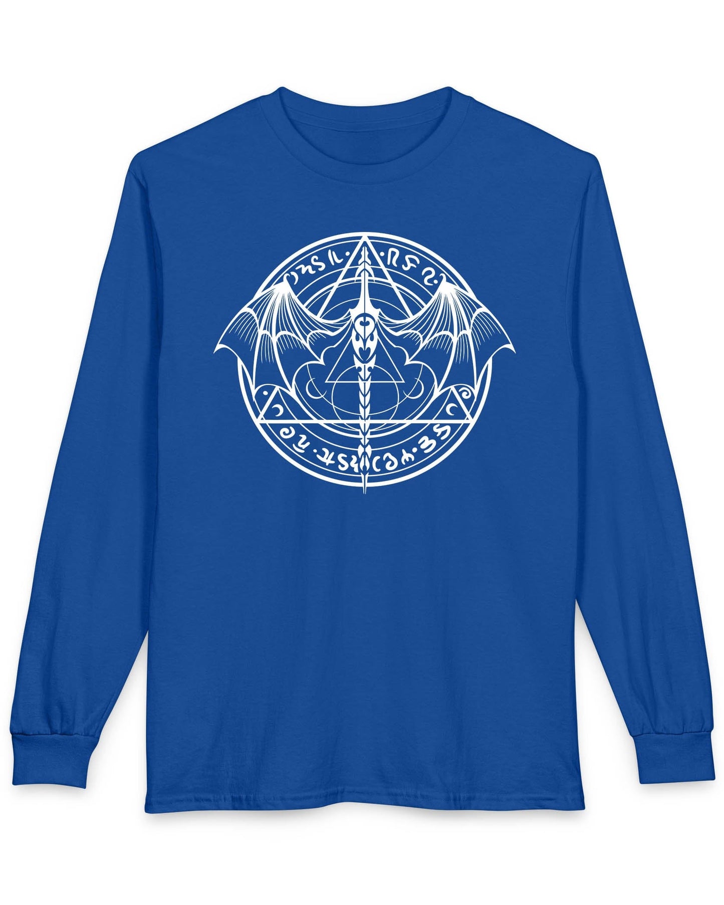 Mystic Dragon Seal shirt in royal blue featuring a mystical dragon emblem framed by runes and arcane symbols