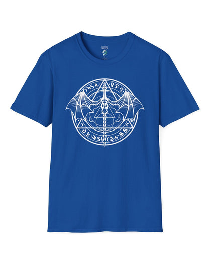Penumbral Seal shirt in royal blue featuring a mystical dragon emblem framed by runes and arcane symbols.