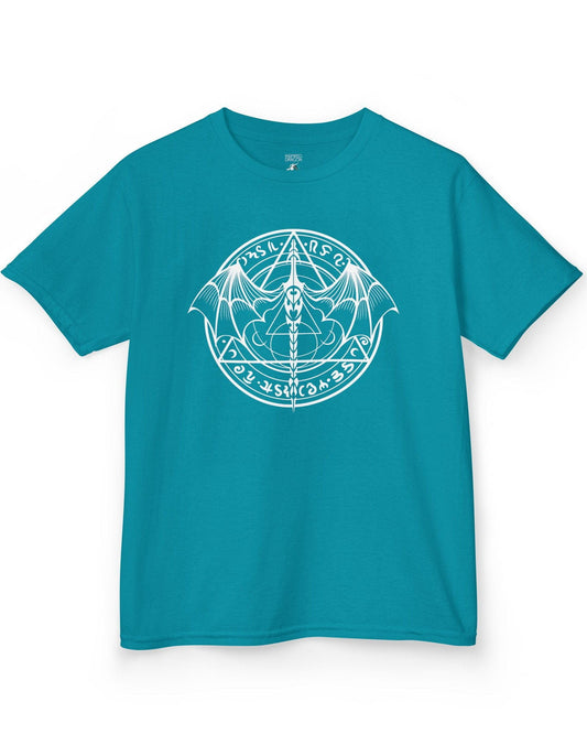 Mystic Dragon Seal shirt in tropical blue featuring a mystical dragon emblem framed by runes and arcane symbols.