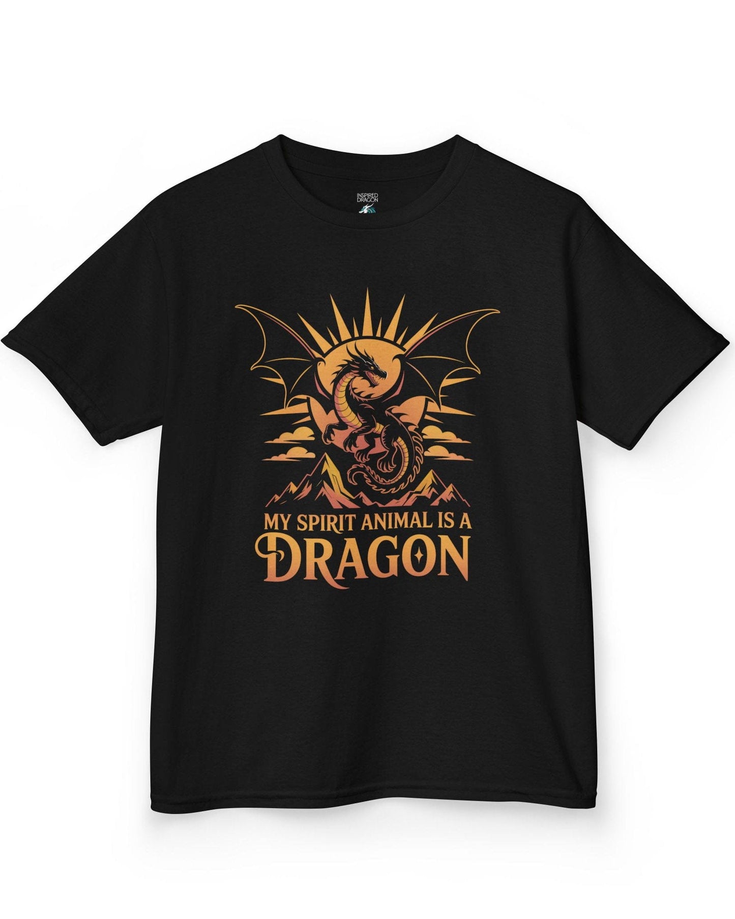 My Spirit Animal Is a Dragon shirt in black featuring a fierce dragon soaring before a radiant orange sun.