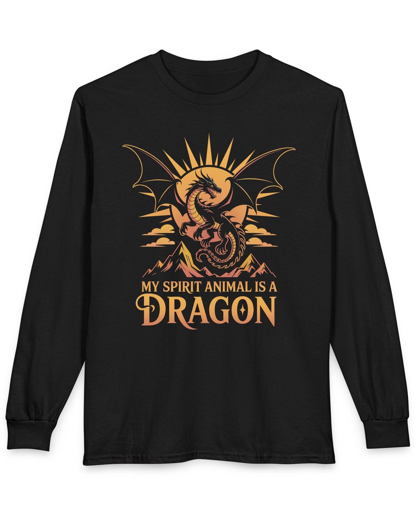 My Spirit Animal Is a Dragon shirt in black featuring a fierce dragon soaring before a radiant orange sun.