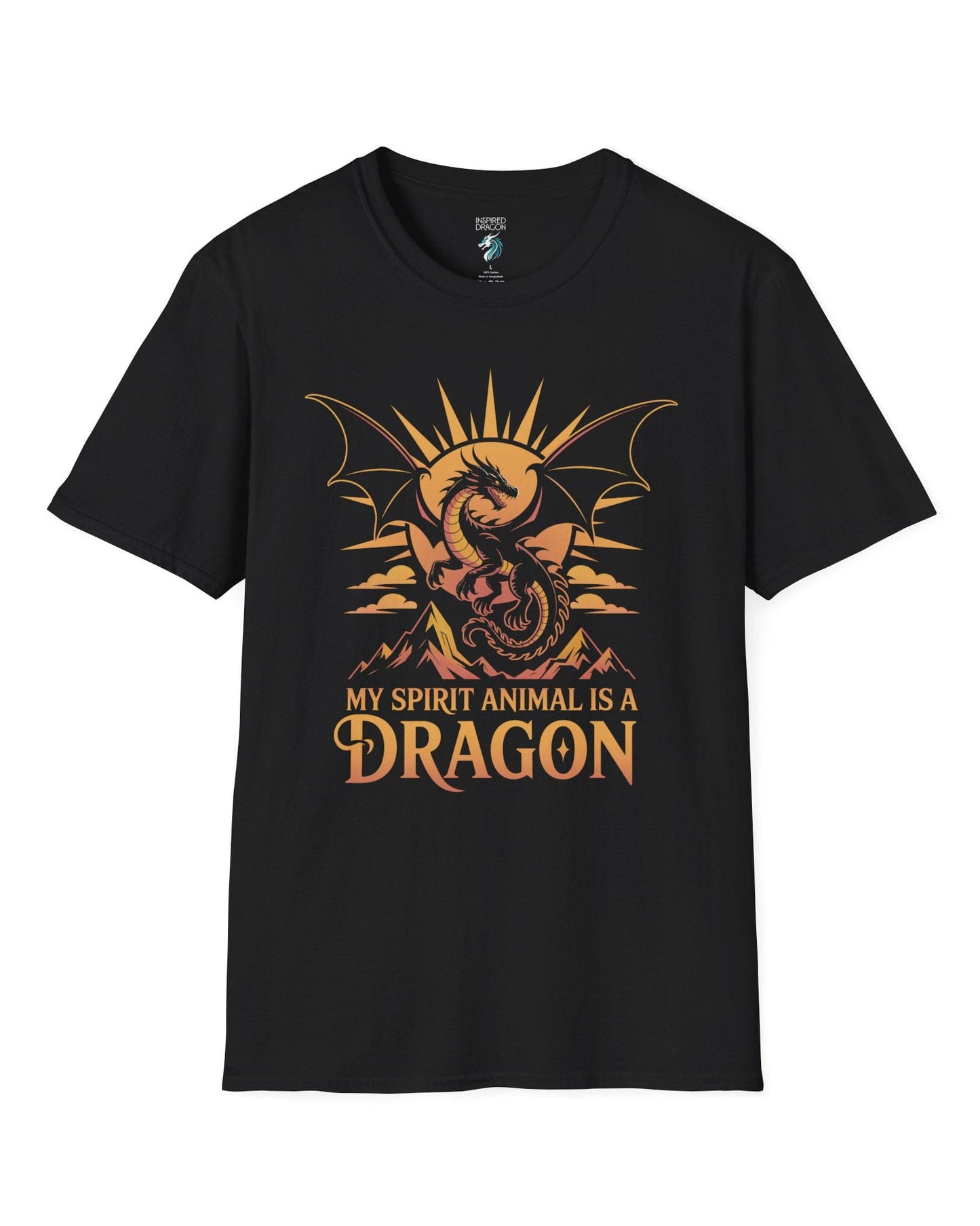My Spirit Animal Is a Dragon shirt in black featuring a fierce dragon soaring before a radiant orange sun.