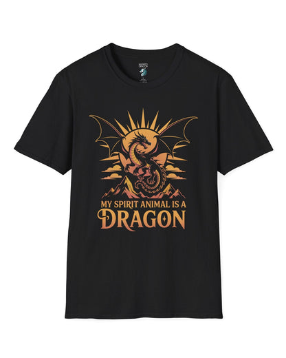 My Spirit Animal Is a Dragon shirt in black featuring a fierce dragon soaring before a radiant orange sun.