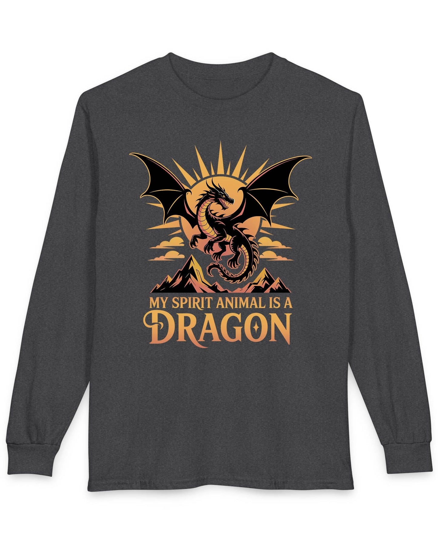 My Spirit Animal Is a Dragon shirt in dark heather grey featuring a fierce dragon soaring before a radiant orange sun.