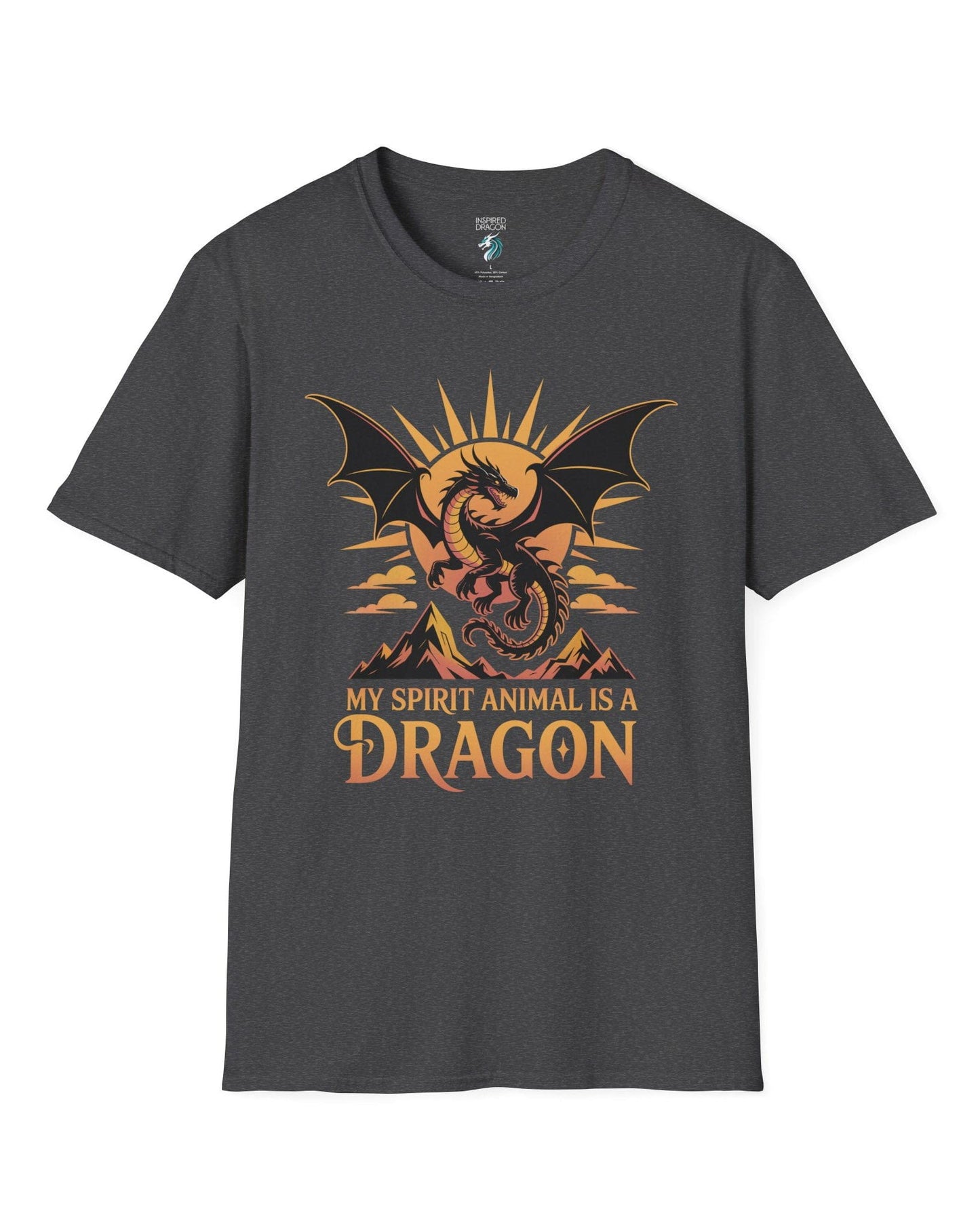 My Spirit Animal Is a Dragon shirt in dark heather grey featuring a fierce dragon soaring before a radiant orange sun.