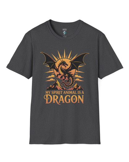 My Spirit Animal Is a Dragon shirt in dark heather grey featuring a fierce dragon soaring before a radiant orange sun.