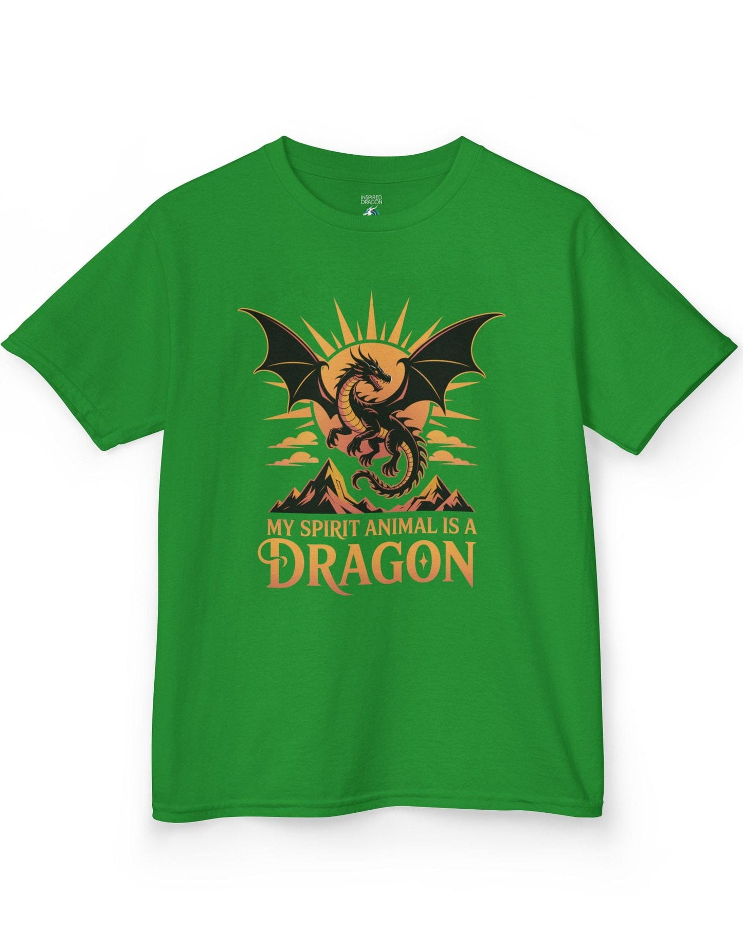 My Spirit Animal Is a Dragon shirt in Irish green featuring a fierce dragon soaring before a radiant orange sun.