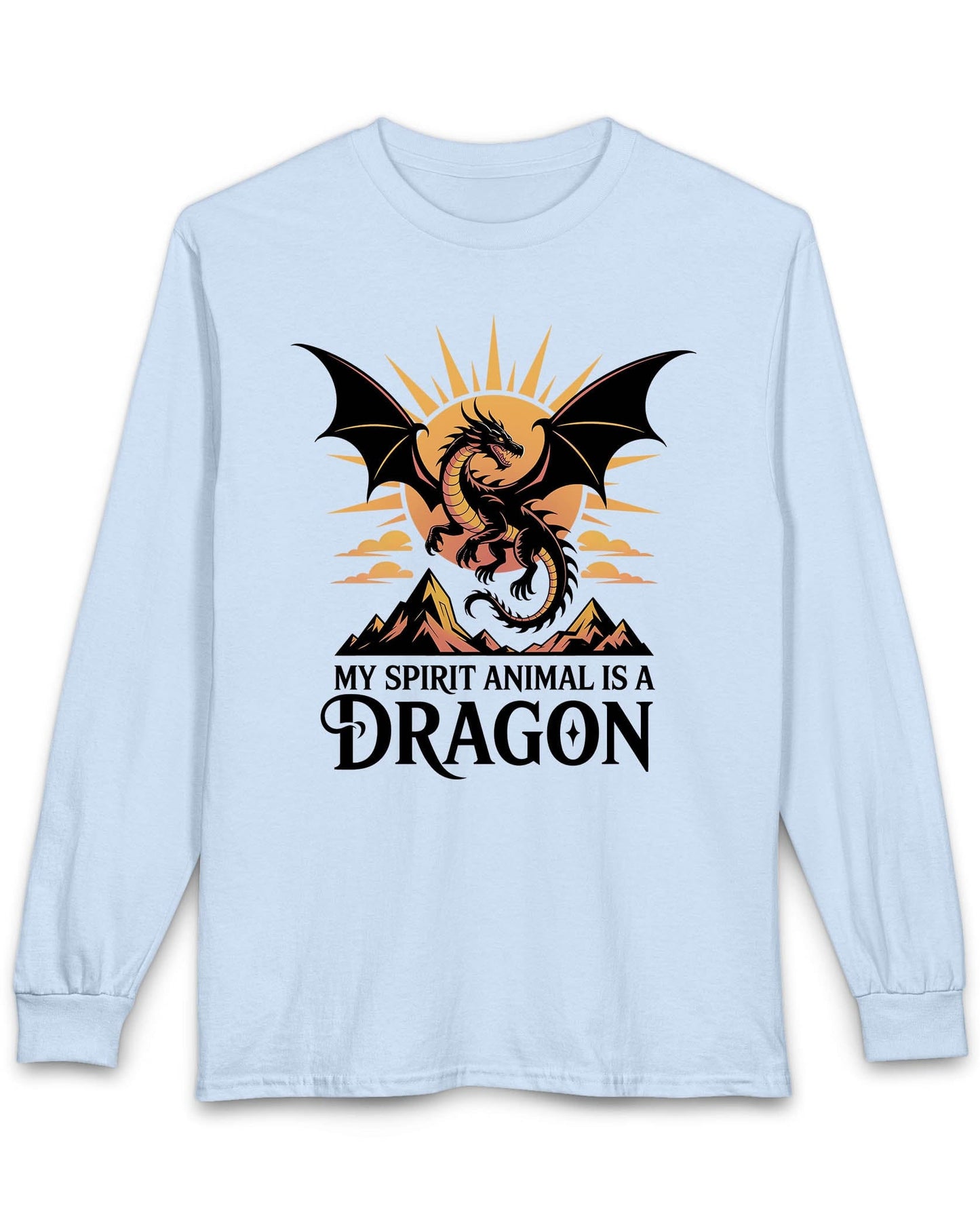 My Spirit Animal Is a Dragon shirt in light blue featuring a fierce dragon soaring before a radiant orange sun.