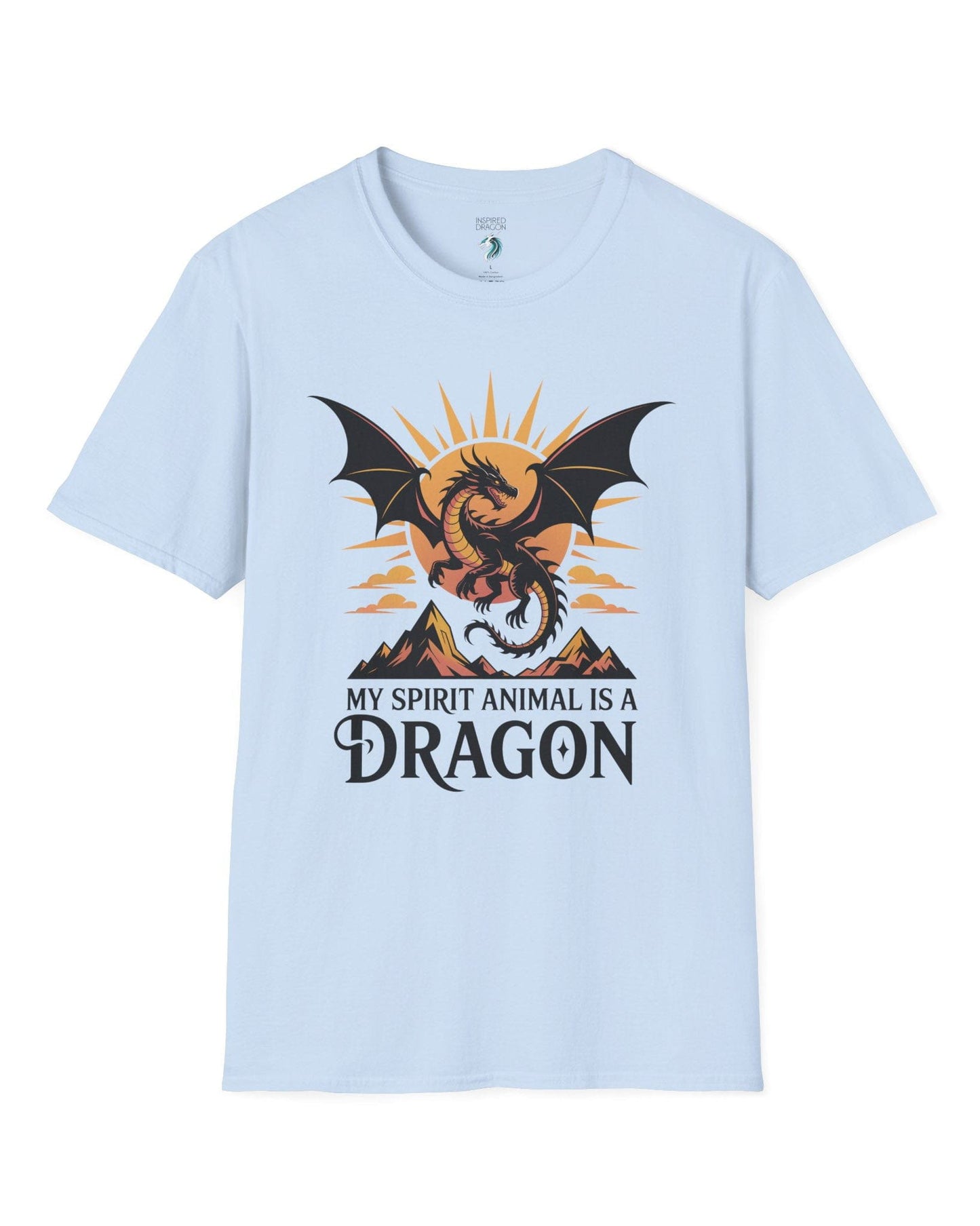 My Spirit Animal Is a Dragon shirt in light blue featuring a fierce dragon soaring before a radiant orange sun.