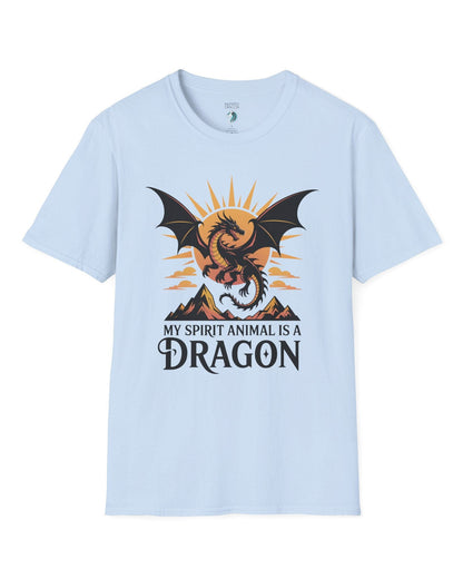 My Spirit Animal Is a Dragon shirt in light blue featuring a fierce dragon soaring before a radiant orange sun.