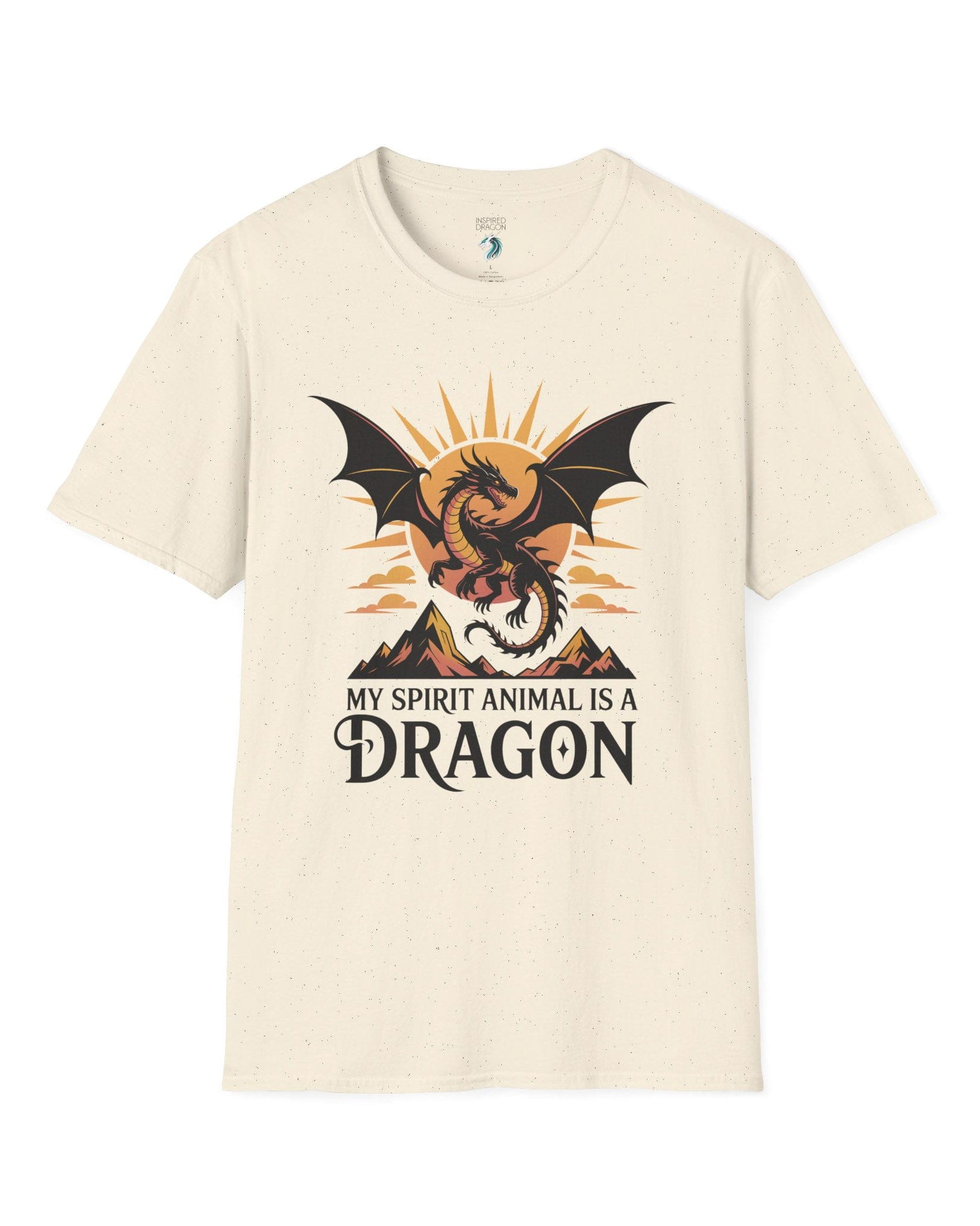 My Spirit Animal Is a Dragon shirt in natural featuring a fierce dragon soaring before a radiant orange sun.