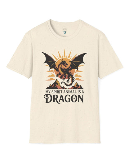 My Spirit Animal Is a Dragon shirt in natural featuring a fierce dragon soaring before a radiant orange sun.