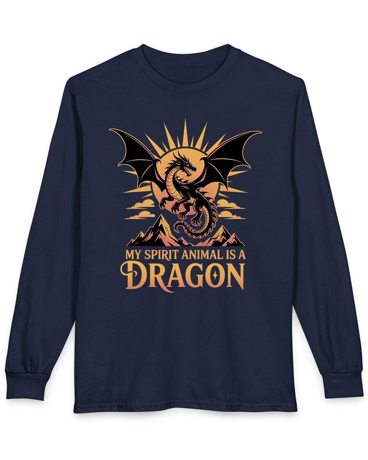 My Spirit Animal Is a Dragon shirt in navy featuring a fierce dragon soaring before a radiant orange sun.