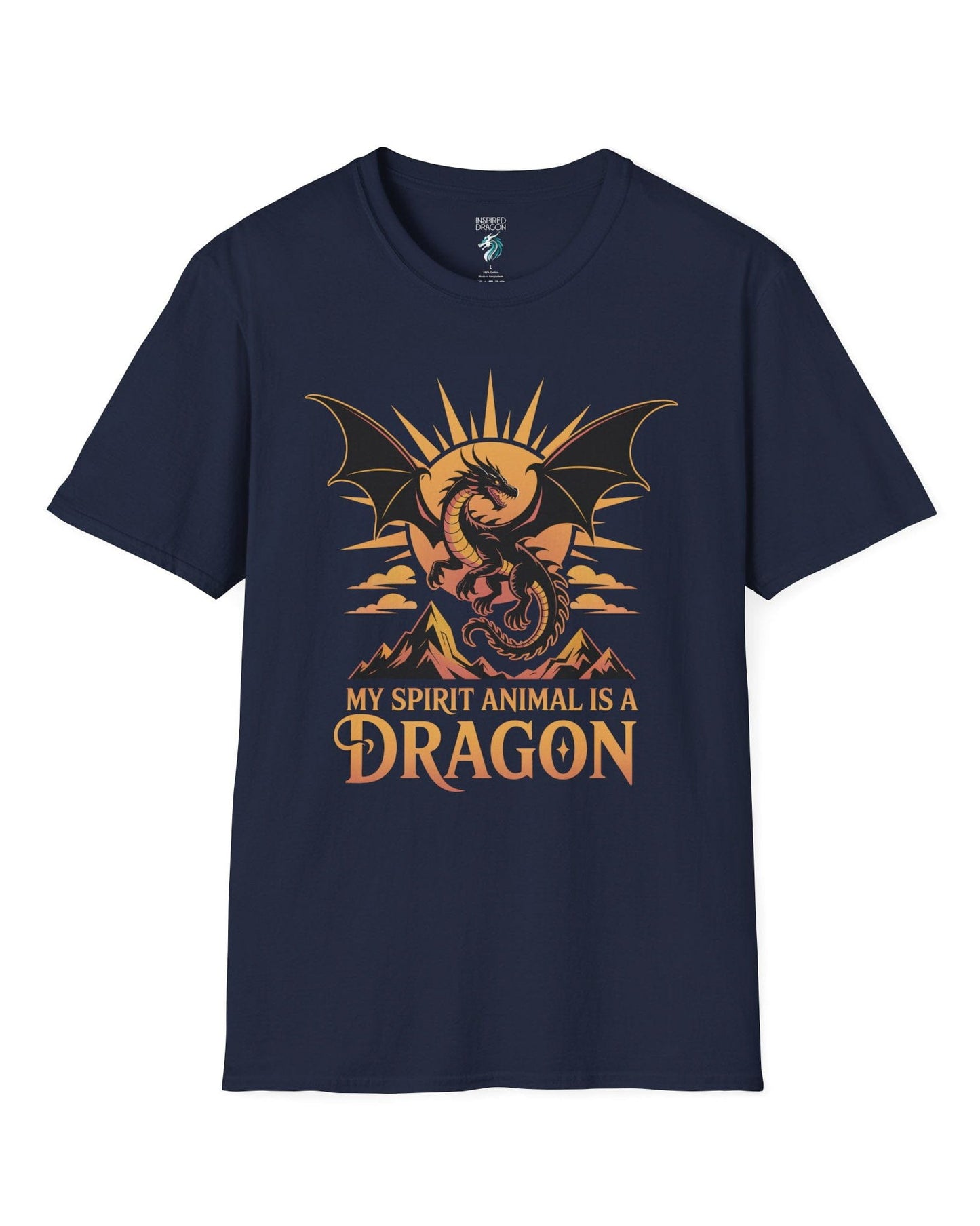 My Spirit Animal Is a Dragon shirt in navy featuring a fierce dragon soaring before a radiant orange sun.