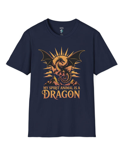 My Spirit Animal Is a Dragon shirt in navy featuring a fierce dragon soaring before a radiant orange sun.