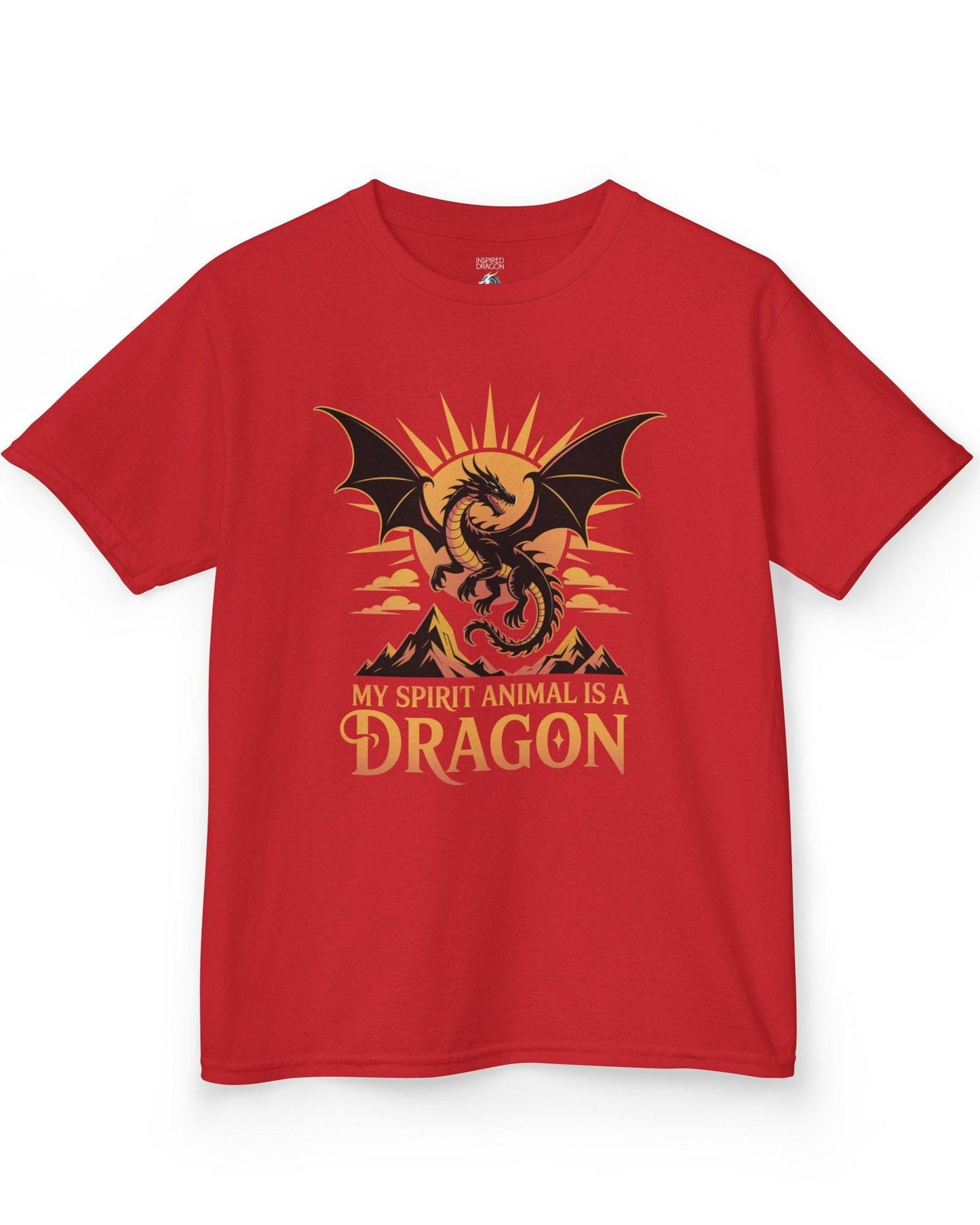 My Spirit Animal Is a Dragon shirt in red featuring a fierce dragon soaring before a radiant orange sun.