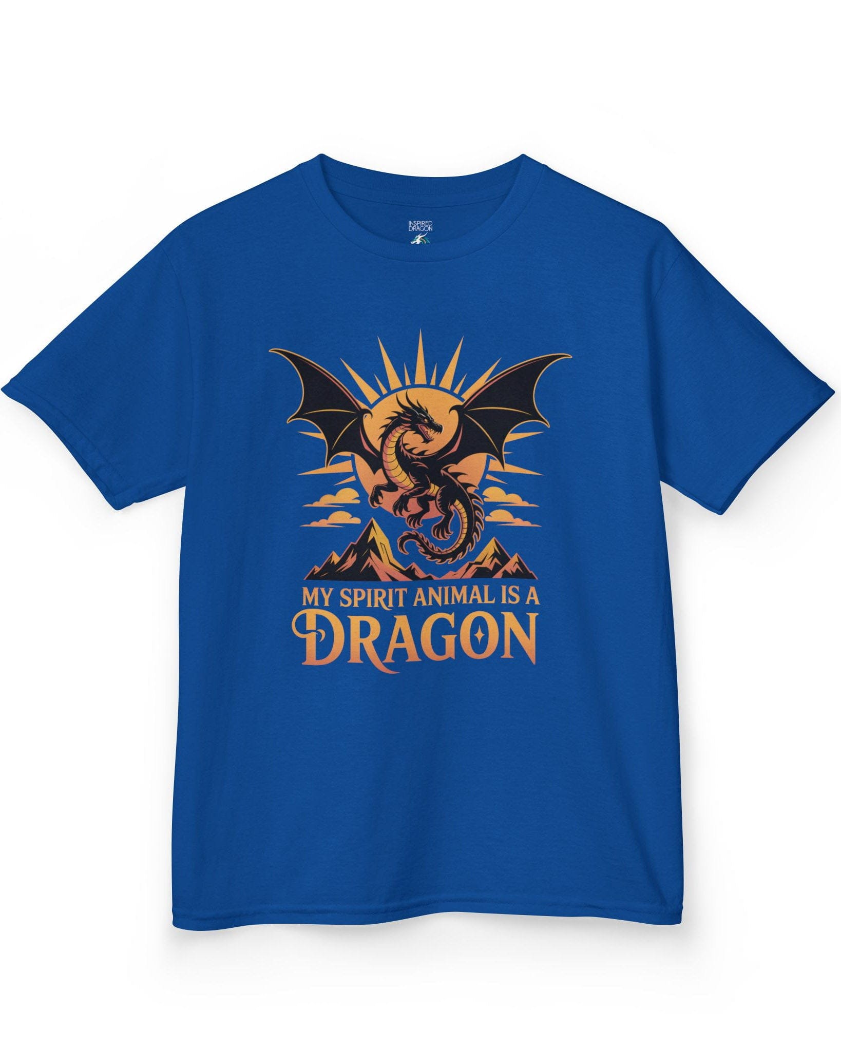 My Spirit Animal Is a Dragon shirt in royal blue featuring a fierce dragon soaring before a radiant orange sun.