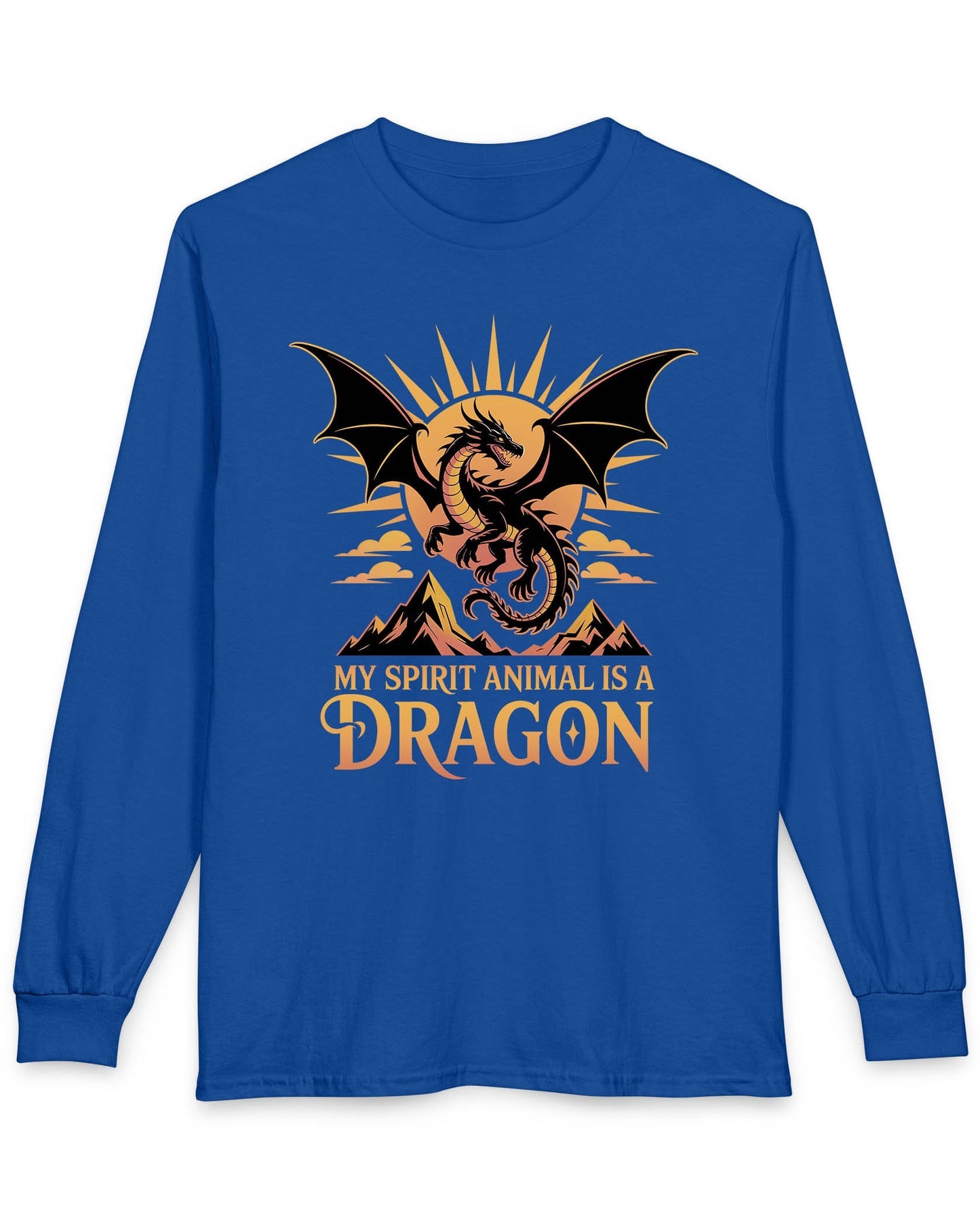 My Spirit Animal Is a Dragon shirt in royal blue featuring a fierce dragon soaring before a radiant orange sun.