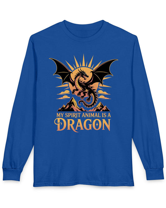 My Spirit Animal Is a Dragon shirt in royal blue featuring a fierce dragon soaring before a radiant orange sun.