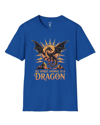My Spirit Animal Is a Dragon shirt in royal blue featuring a fierce dragon soaring before a radiant orange sun.