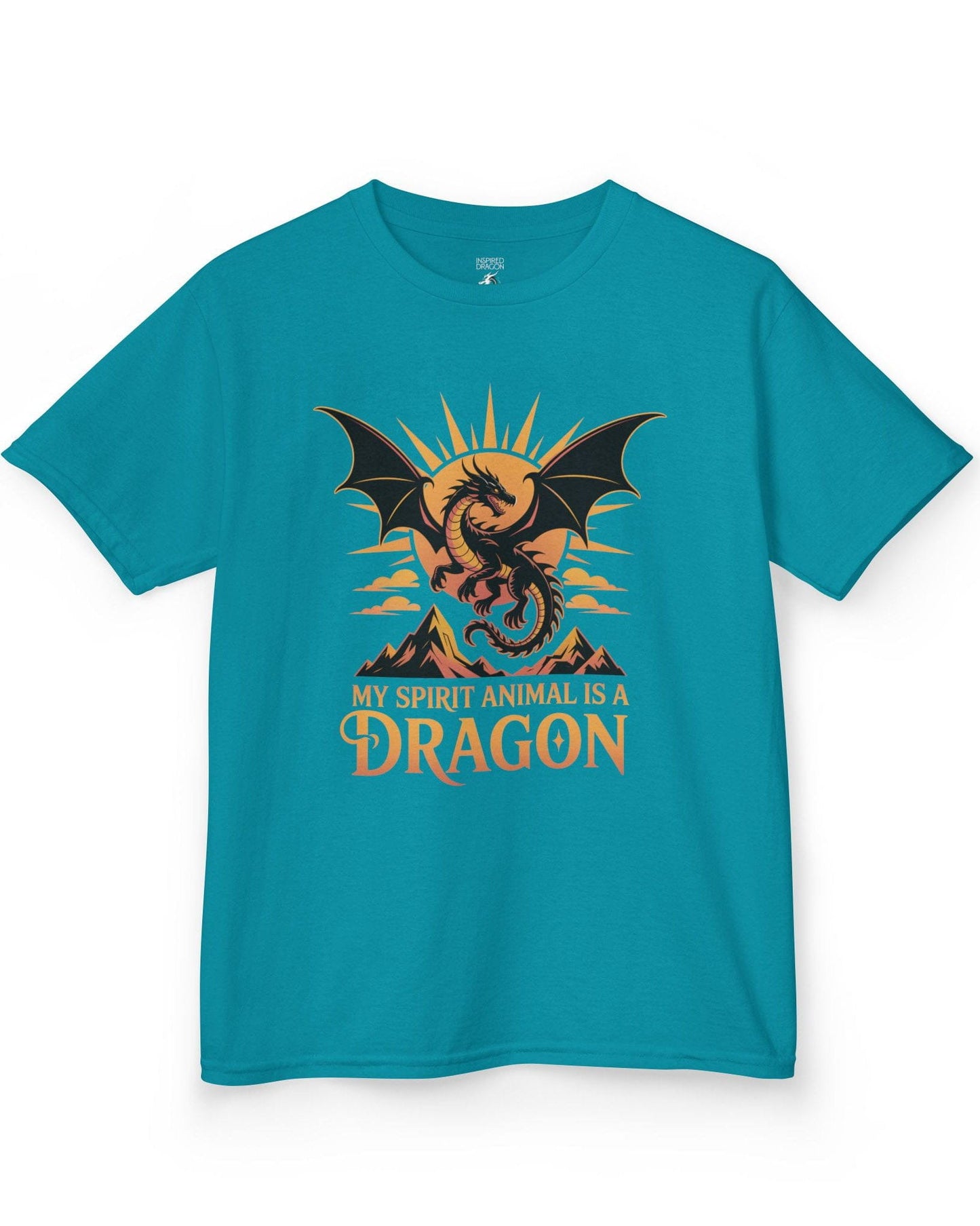 My Spirit Animal Is a Dragon shirt in tropical blue featuring a fierce dragon soaring before a radiant orange sun.