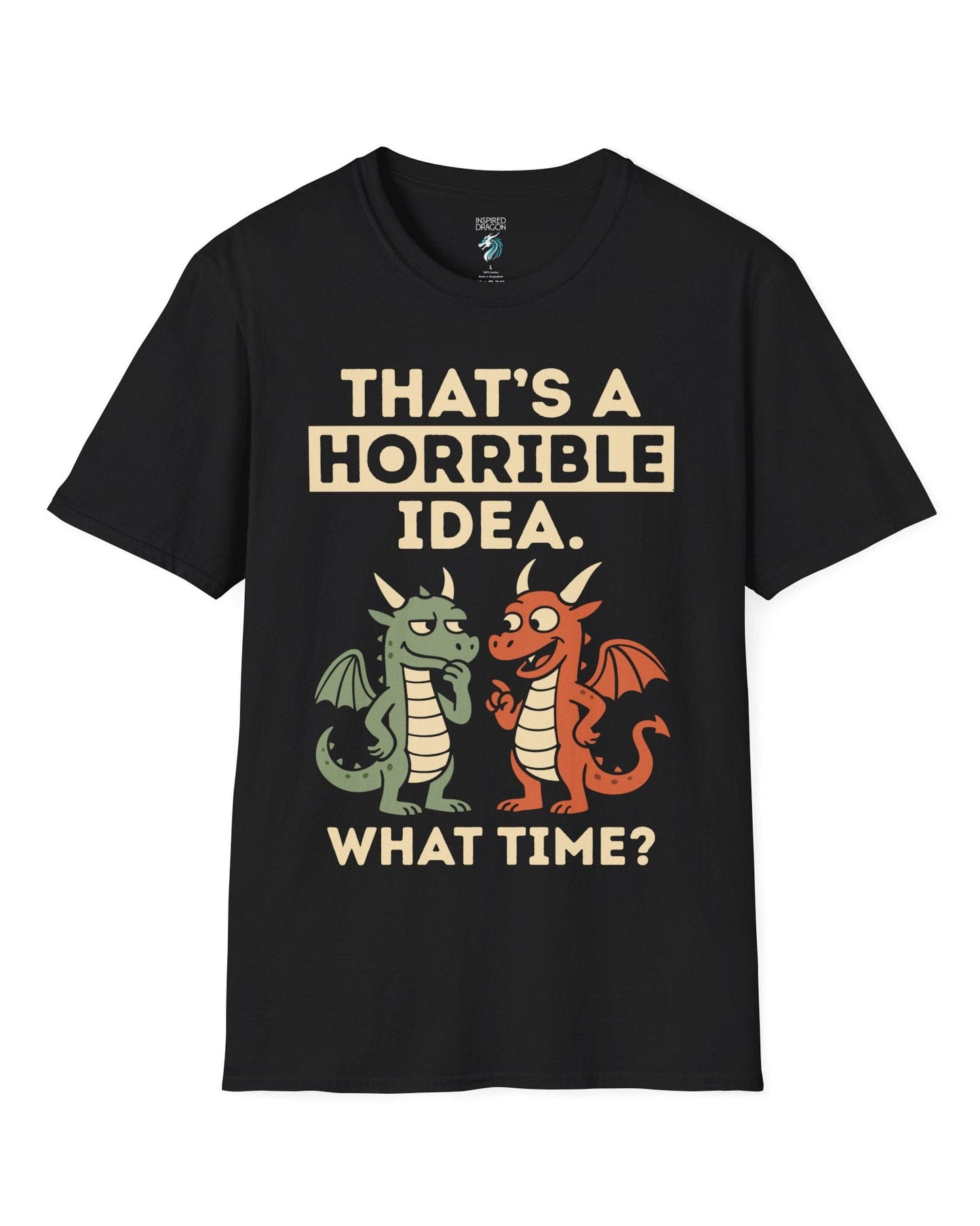 Horrible Idea shirt in black featuring two cartoon dragons plotting mischief with playful expressions.