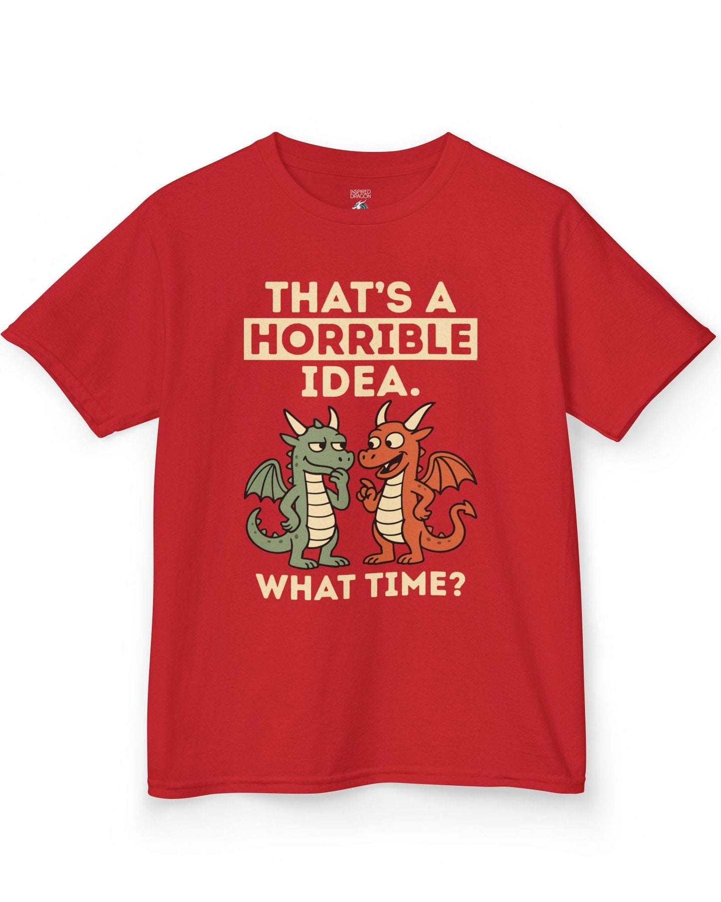 Horrible Idea shirt in red featuring two cartoon dragons plotting mischief with playful expressions.