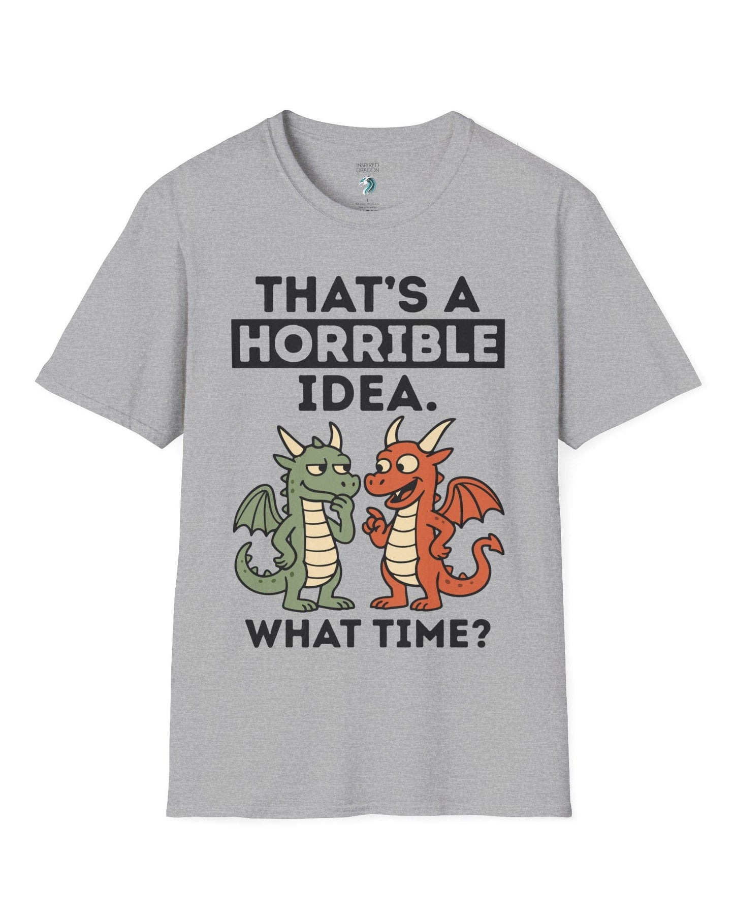Horrible Idea shirt in sport grey featuring two cartoon dragons plotting mischief with playful expressions.