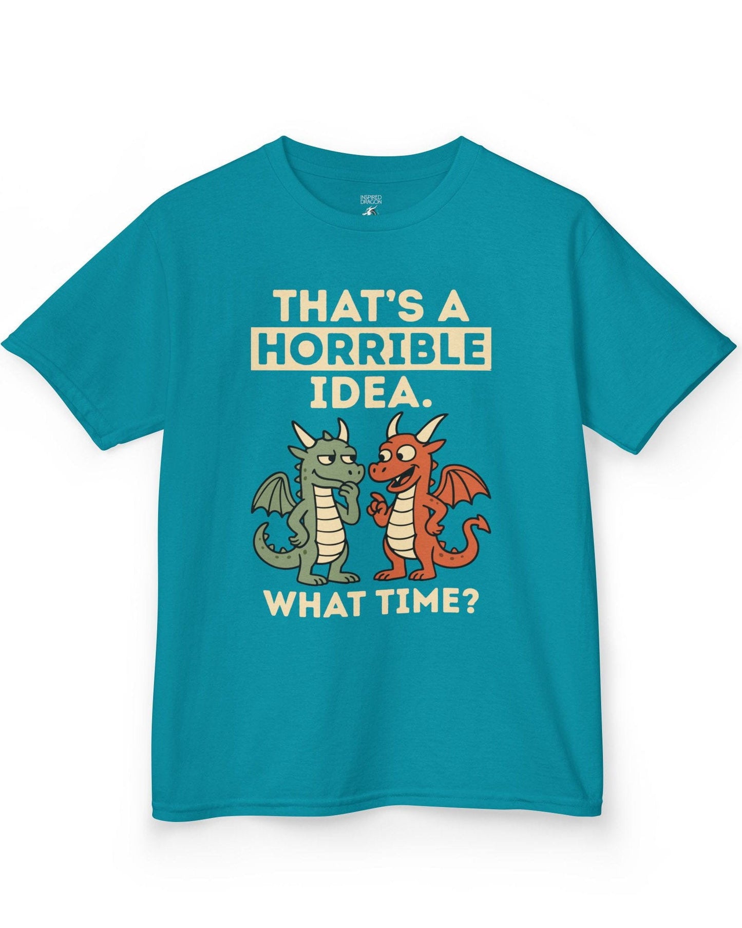 Horrible Idea shirt in tropical blue featuring two cartoon dragons plotting mischief with playful expressions.