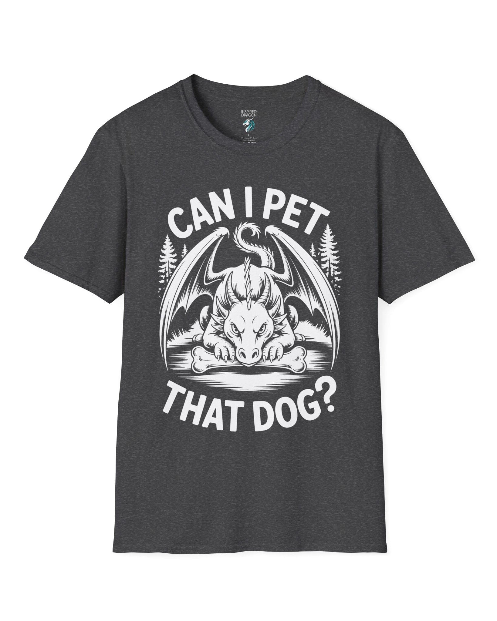 Can I Pet That Dog shirt in dark heather grey featuring a fierce dragon guarding a bone with a mischievous glare.