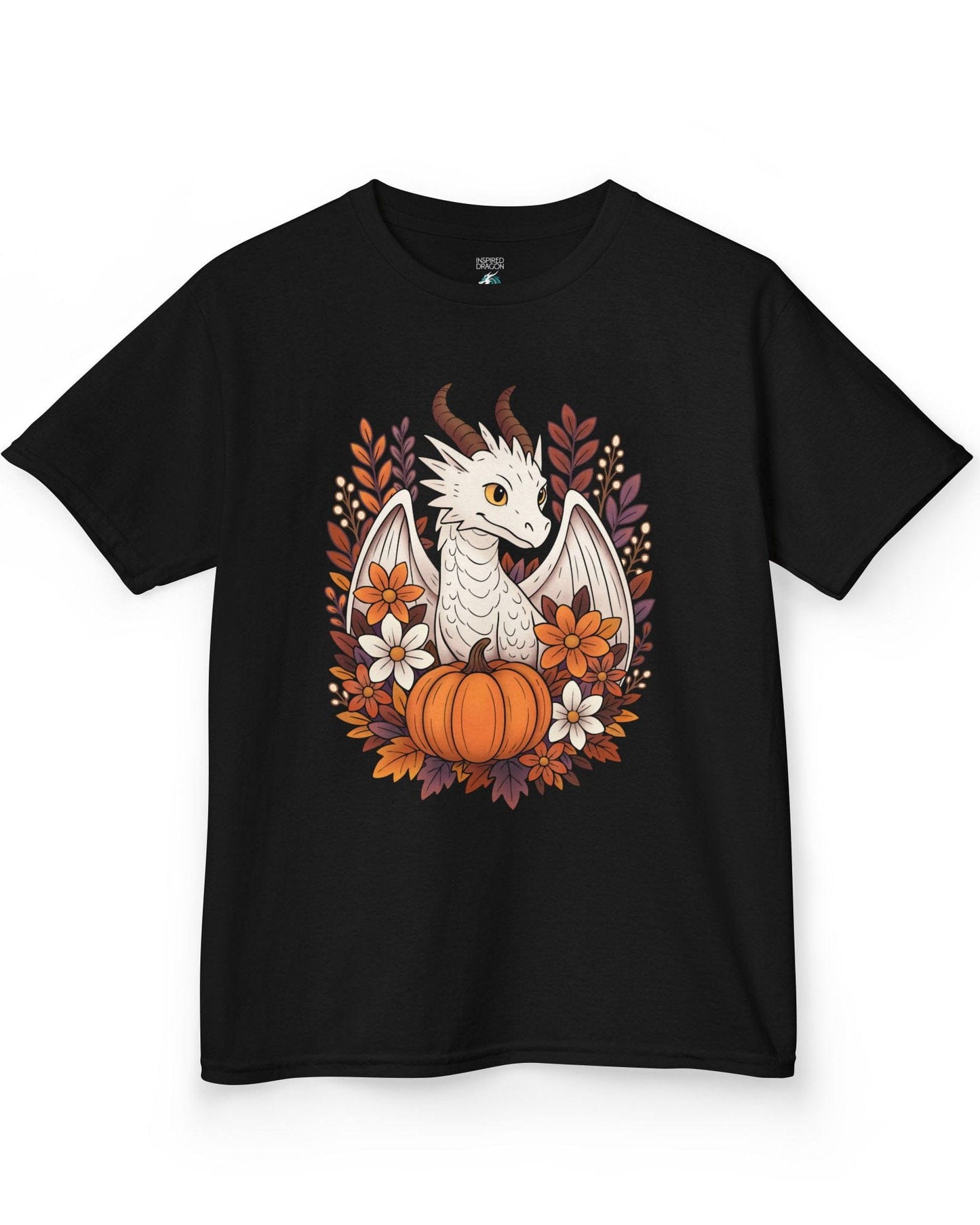 Cozy Harvest shirt in black featuring a white dragon surrounded by autumn flowers, leaves, and a pumpkin.