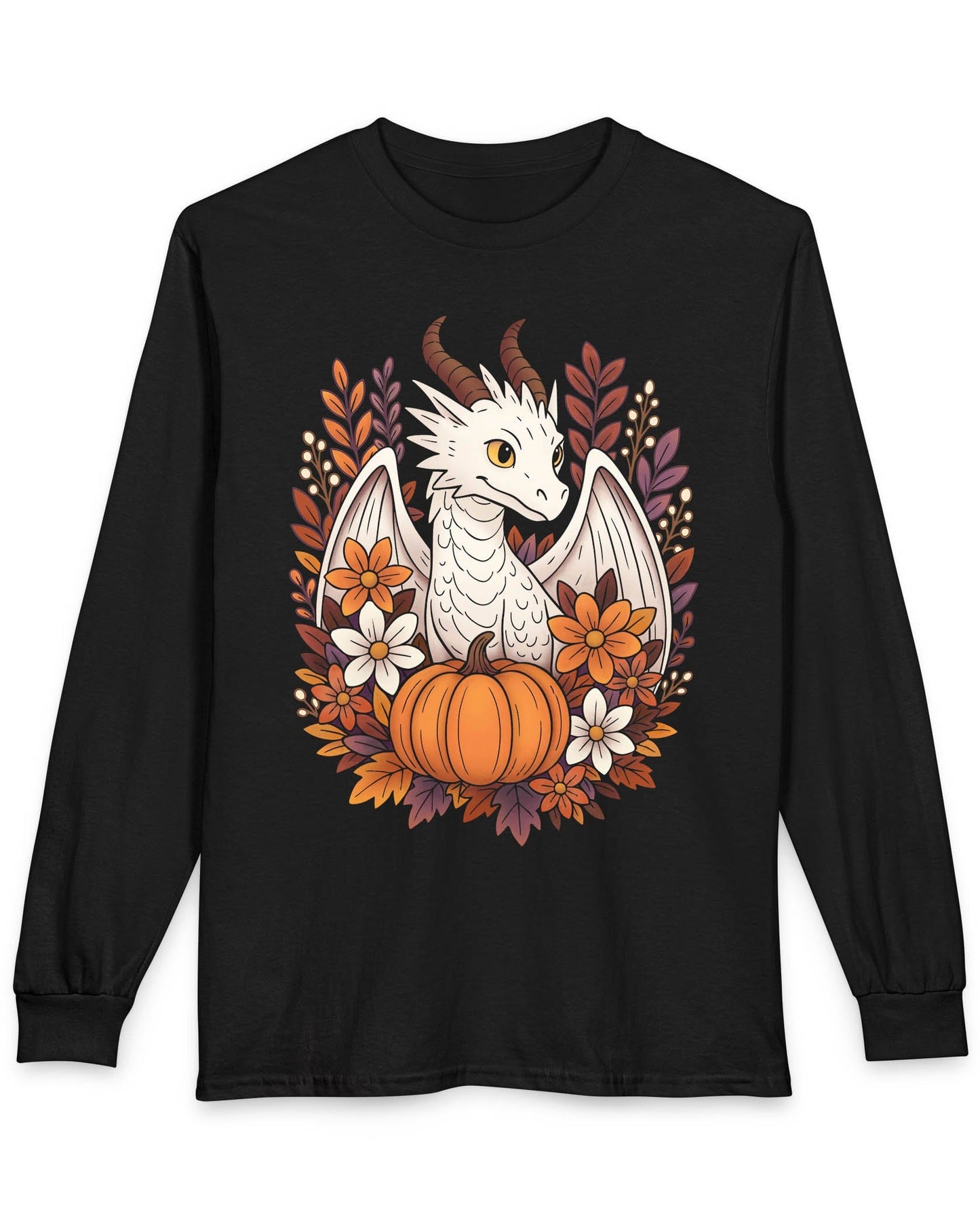 Cozy Harvest shirt in black featuring a white dragon surrounded by autumn flowers, leaves, and a pumpkin.