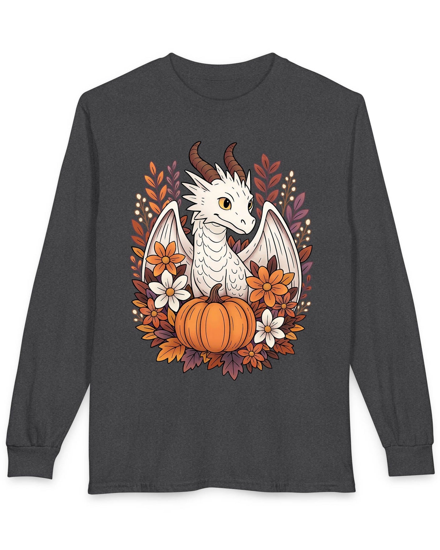 Cozy Harvest shirt in dark heather grey featuring a white dragon surrounded by autumn flowers, leaves, and a pumpkin.