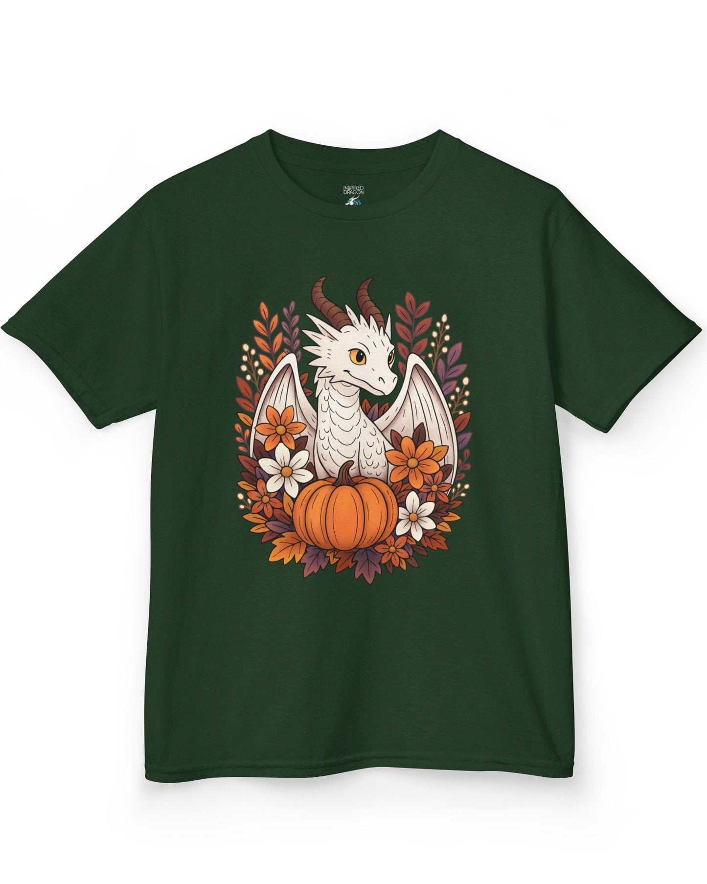 Cozy Harvest shirt in forest green featuring a white dragon surrounded by autumn flowers, leaves, and a pumpkin.