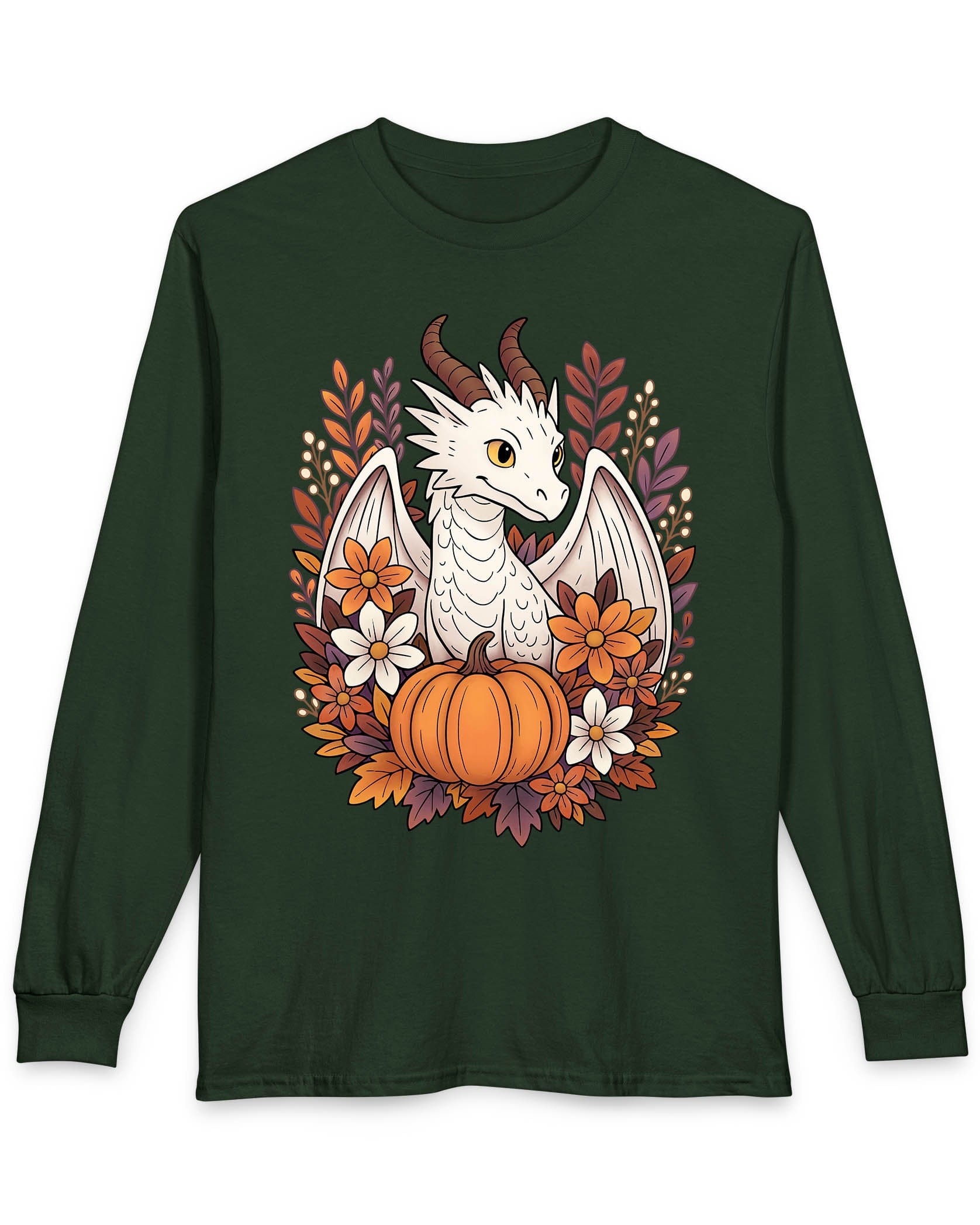 Cozy Harvest shirt in forest green featuring a white dragon surrounded by autumn flowers, leaves, and a pumpkin.