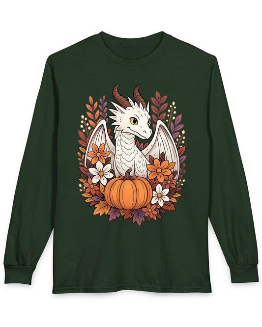 Cozy Harvest shirt in forest green featuring a white dragon surrounded by autumn flowers, leaves, and a pumpkin.